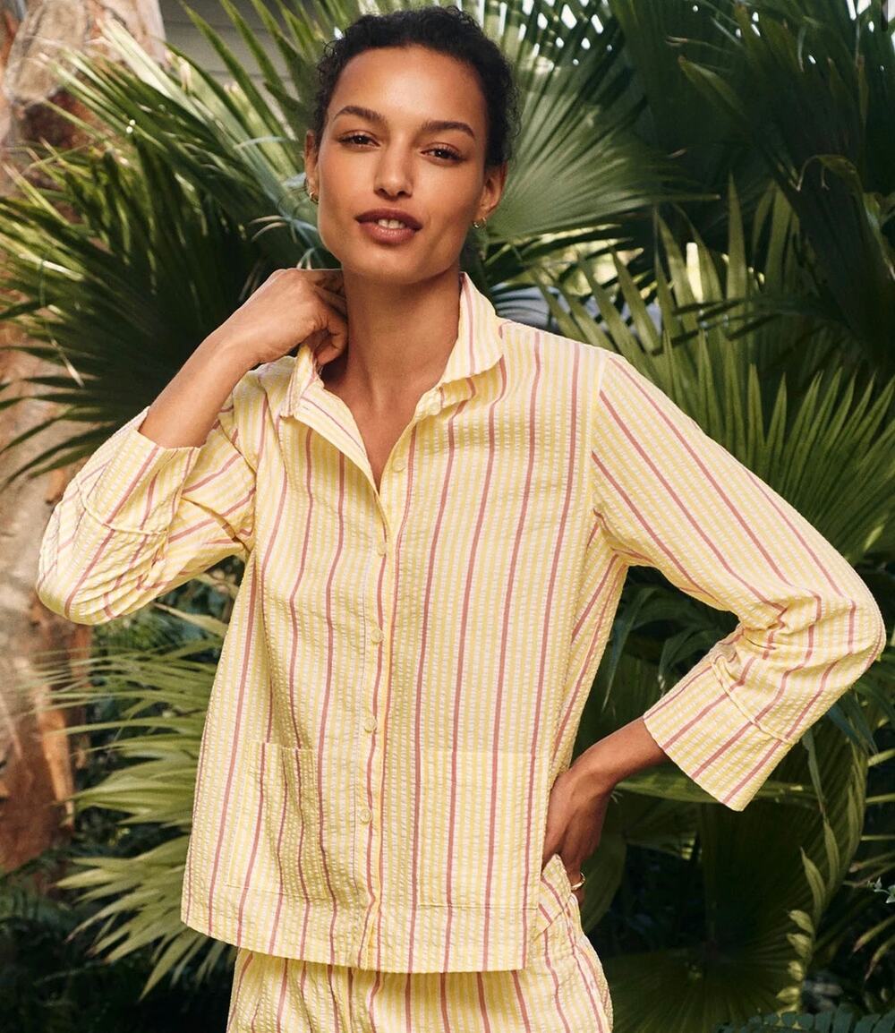 Lake Zest Coastline Striped Button Down Long Sleeve Pajama Top XXS